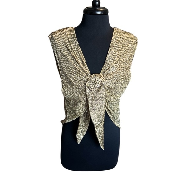 Free People Lost In Your Light Gold Sequin Tie-Front Sleeveless Top Size M - Picture 2 of 7
